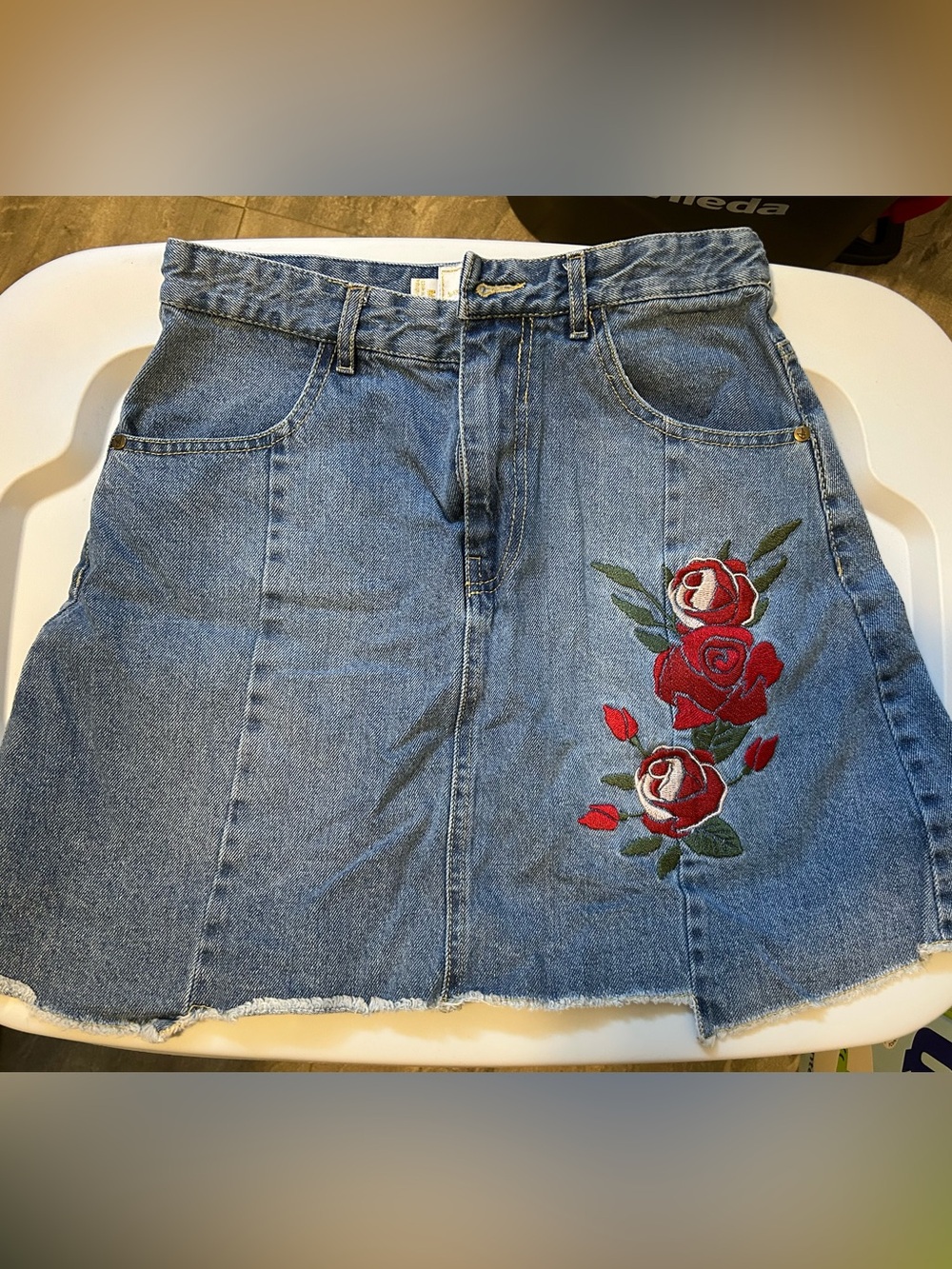 Disney Denim Mini Skirt with Red Rose Embroidery, Beauty and the Beast